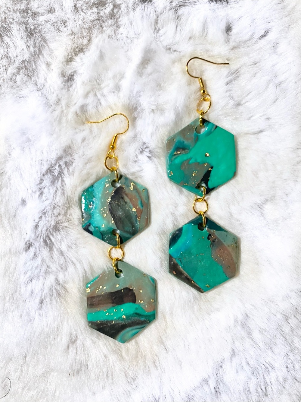 Handmade Turquoise Hexagon Dangle Earrings - Gold Accents